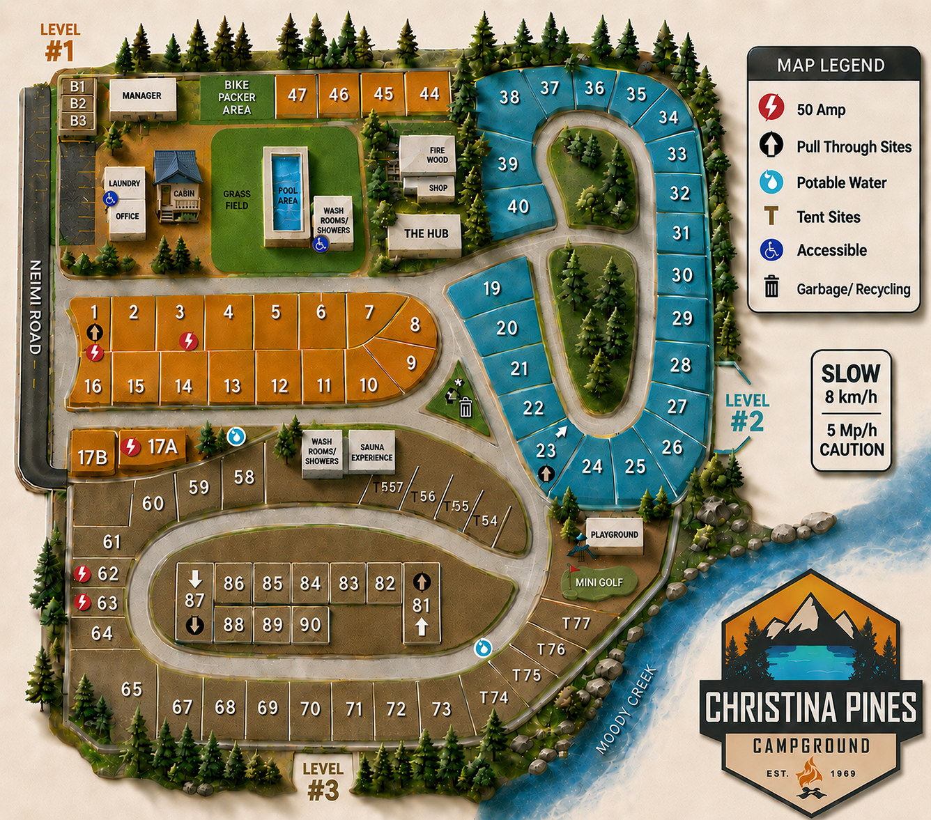 map of christina pines campground showing rv sites, tent sites, sauna experience, swimming pool, playground, bikepacker area and other amenities